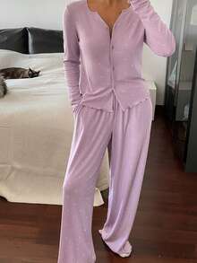 DAZY 波点印花女士纽扣前开襟长袖上衣和口袋裤睡衣套装，秋冬服装 - 淡紫色 - 查看 3