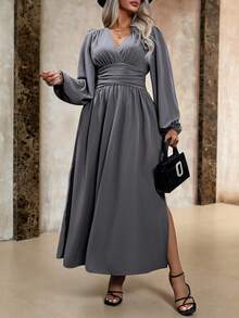 Roveilla فستان ماكسي بسيط بلون واحد وطيات للنساء ذوات الأحجام الكبيرة للاستخدام اليومي - رمادي - مشاهدة 7