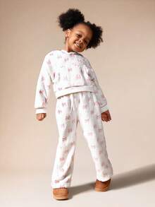SUMWON Young Girls Fleece Hoodie And Sweatpant Co-Ord Set With Pink Bow Print For Cozy Winter Comfort - Pink - View 1