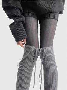 ROMWE Kawaii 2 Pairs Y2K Retro Striped Cute Bowknot Leg Warmers, Fashionable & Minimalist Design, Suitable For School, Casual, Commute, Date, Home Wear - Grey - View 3