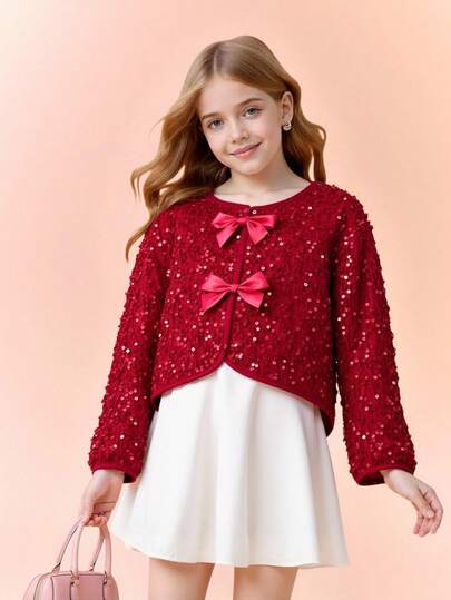 Tween Girl Fashionable & Elegant Sequin Bow Decor Jacket