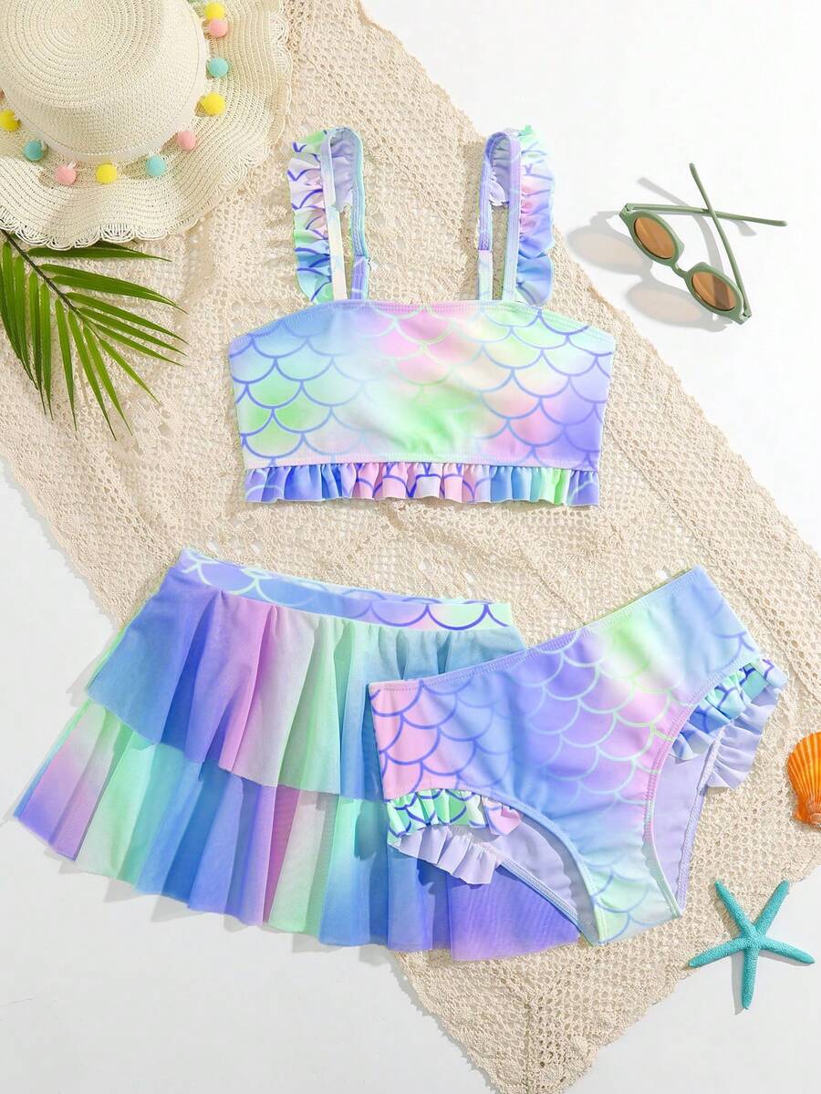 Tween Girls' Summer Beach Mermaid Scale Print 3 PiecesBikini Set Two Piece Tween Vacay Tween Swimsuits Sea Shells Girls Swim Skirt Set Tween Two Piece Summer Tween Swimsuits Sea Shells With Skirt Summer Two Piece Set Tween