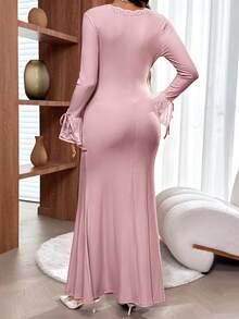 SHEIN 孕妇纯色休闲蕾丝拼接长袖连衣裙 - 粉色 - 查看 2