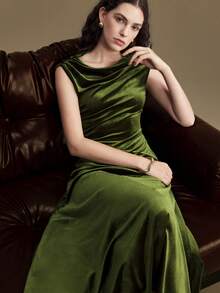 Ontre Women's Olive Green Velvet Fabric Comfortable Soft Off Shoulder Ruched Ruched Design Waist Slanted Split Flared Hem Patchwork All-Season Versatile Modern Urban Casual Business Office Dress, Low-Key Elegant High-Quality Airport Outfit, High-End Cruise Wear, Christmas New Year Party Dress New Year Look High-End, Elegant, Old-Fashioned Cruise Attire For Wedding Guests Christmas Evening Clothes New Year Atmosphere Holiday Party Women's Clothing Waist Detail Flared Dress