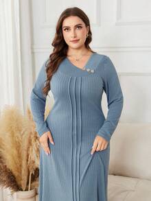 Lacomfia Gaun Kasual Maxi Rajut Jacquard Warna Polos Lengan Panjang Ukuran Besar - Dusty Blue - View 3