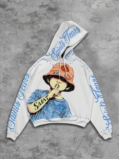 Street Life Men's Hooded Drawstring Long Sleeve Casual Creative Portrait Pattern Versatile Sweatshirt