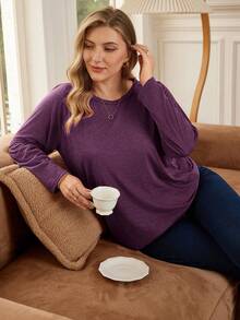 Rosumi 加大码圆领长袖休闲宽松柔软迷人冬季T恤秋装 - 紫色 - 查看 4