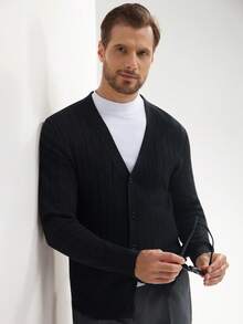 Manfinity Mode Herren einfarbiger minimalistischer Lässig Cardigan, Herbst/Winter, Langarm Oberteil - Schwarz - Übersicht 6
