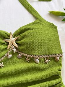 Soleia 女士度假风露背系带海星贝壳装饰荷叶边V领花卉金属扣白色针织纹理修身背心，性感修身时尚上衣，适合派对、约会、邮轮、度假、海滩、婚礼、音乐节、情人节、夜店、波西米亚风等场合。 - 軍綠色 - 查看 7