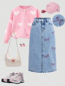 SHEIN Girlism Tween Girls Y2K Light Washed High Waist Pink Bowknot Flowers Embroidered Pocketed Cute Long Skirt Casual Baggy Jeans Skirt, Girls Fall Winter Back To School Homecoming Jeans,Girls Pants Streetwear Vintage Outfits,Comfortable And Versatile, For 8-12 Years Old Girls, Suitable For School, Home And Travel
