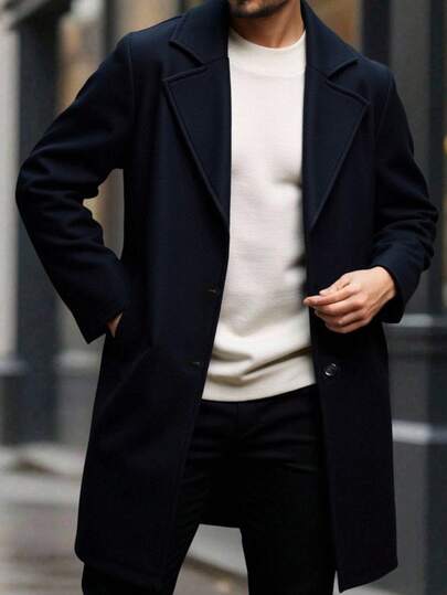 SHEIN Teen Boys' Casual Solid Color Oversized Lapel Long Woolen Coat Jacket, Simplistic All-Match Versatile Design Suitable For Commuting, School, Casual, Travel, Outdoor, College Party, Autumn/Winter Homecoming Dress Elegant Dresses For Party Long Sleeve Tops Back To School Haut Fall