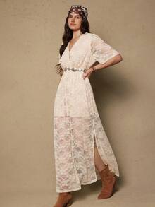 Freevana Plus Size Solid Color Criss-Cross Wrap Front Midi Sleeve Split Hem Lace Dress Maxi Dress Lace Dress For Women Western - Apricot - View 5