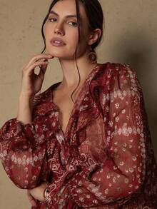 Freevana Áo cánh tay bèo họa tiết chắp vá Schiffy thường ngày dành cho nữ cỡ lớn, mặc đi nghỉ, mùa xuân/hè/thu - Màu Đỏ Sâu - Xem 2