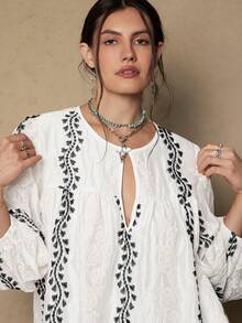 Freevana Plus Size Boho Floral Embroidery White Top Vintage Country - White - View 5