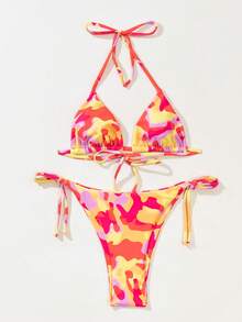 Camo Print Triangle Tie Side Bikini Set, For Summer Beach Vacation - Multicolor - View 3