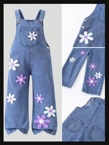 SHEIN 女童牛仔背带裤和连体裤 女童碎花装饰可爱背带裤 Y2K学院风休闲可爱复古2000千禧风波西米亚立体花朵紫色和白色花朵刺绣舒适棉质牛仔布柔软日常外出上学通勤聚会居家度假万圣节圣诞节中国新年女童新款时尚雪花水洗设计爆炸刺绣阔腿牛仔裤开学第一天秋冬季 - 藏蓝色 - 查看 8