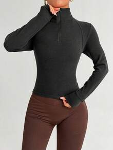 Dewbera 1 件女式黑灰色半拉链插肩长袖羊毛上衣，时尚瑜伽健身户外休闲运动，秋季 - 黑色 - 查看 3