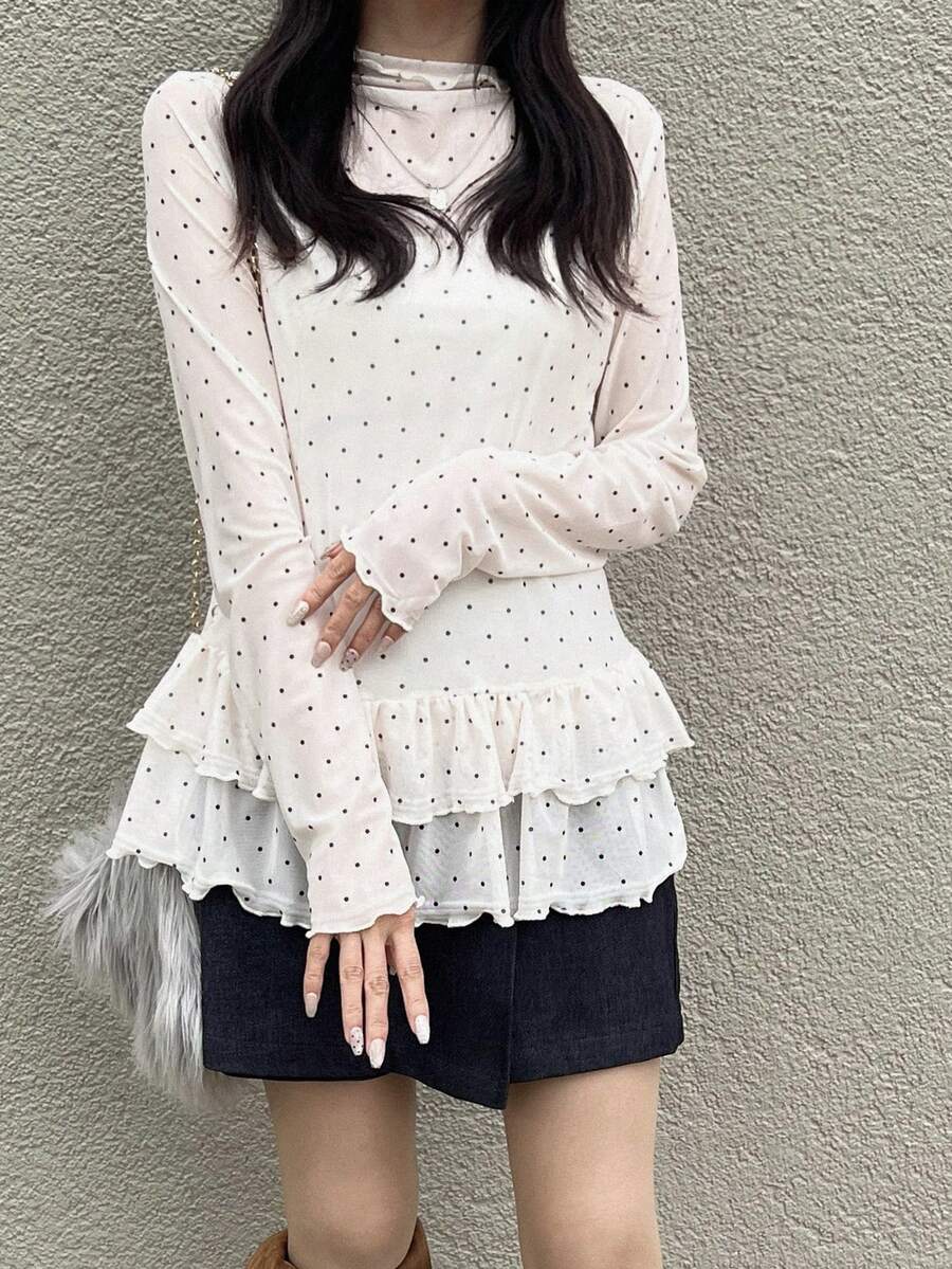 FRIFUL 女士波点网纱荷叶边下摆长袖上衣 春季款 - 白色 - 查看 1