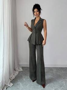 SHEIN Elenzya Bộ vest nữ thanh lịch, lãng mạn, cổ bẻ, chất liệu vải kẻ caro, vest công sở - xanh quân đội - Xem 3