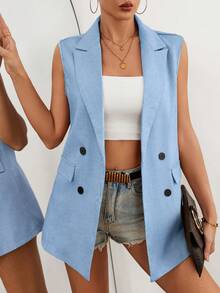 EMERY ROSE 女式简约翻领双排扣背心 - 淺藍色 - 查看 3