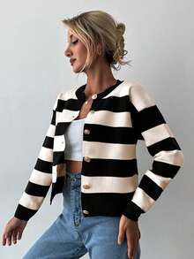EURMUSE Women's Casual Colorblock Striped Cardigan, Autumn/Winter - Black and White - View 3