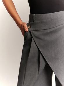 Hauture Pantalon casual ample à jambes larges avec design patchwork de couleur unie pour femmes - Gris foncé - Voir 4