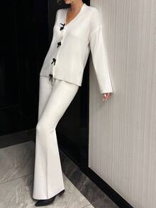EURMUSE 女士蝴蝶结舒适毛衣套头衫和毛衣裤两件套 - 奶油色 - 查看 5