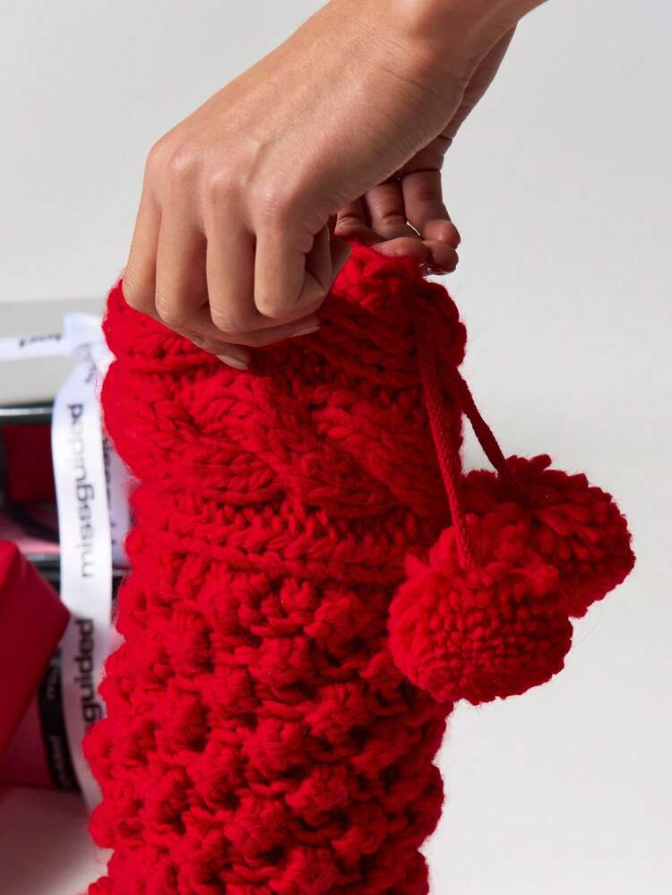 MISSGUIDED Chunky Knit Christmas Stocking With Pom Pom Details Holiday Decoration