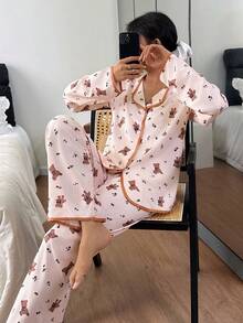 SHEIN 女士泡泡雪纺睡衣，可爱小熊印花翻领长袖上衣和长裤两件套睡衣，秋冬服装 - 彩色 - 查看 3