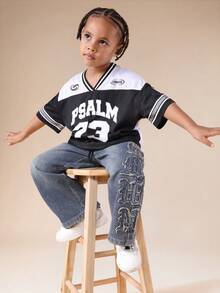 SUMWON 超大款 Psalm 23 篮球球衣T恤，V领设计，适合年轻男孩，街头风格，休闲度假皆宜 - 黑與白 - 查看 3