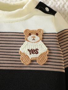 SHEIN Autumn New Arrival Newborn Baby Striped Contrast Color Top, Cute Bear Embroidery Soft & Comfy Shoulder Button Casual Baby Clothes - Khaki - View 7
