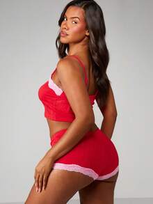 MISSGUIDED Ribbed Pajama Set With Lace Trim Camisole And Shorts Loungewear Sleepwear - Red - View 2