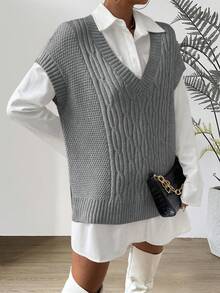 Chiquease Áo len chui đầu cổ chữ V màu trơn thường ngày cho nữ, mùa thu - Xám - Xem 7