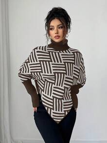 Elenzga Women's Elegant High Neck Geometric Textured Poncho Sweater, Colorblock, Suitable For Home & Travel, Spring/Autumn - Coffee Brown - View 4