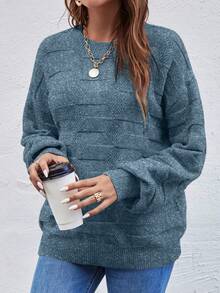 SHEIN LUNE Solid Color Crew Neck Loose Knit Pullover Sweater - Dark Green - View 6