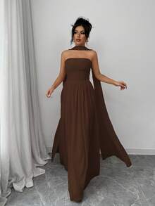 Elenzga 1件女士纯色吊带连衣裙，带褶皱细节，优雅无袖长款连衣裙，女士套装 - 咖啡棕 - 查看 3