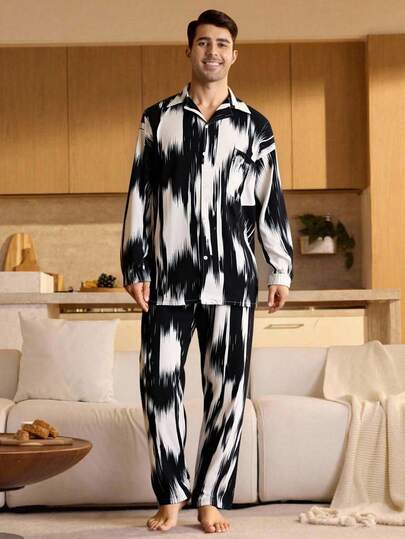 Velminro 男士扎染长袖单排扣上衣和裤子睡衣套装