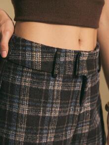 Poéselle 女士休闲格子印花短裤，羊毛短裤，美式复古风，方格短裤，格子短裤，新年款，适合日常穿着、派对、外出、通勤、秋冬季 - 棕色 - 查看 6