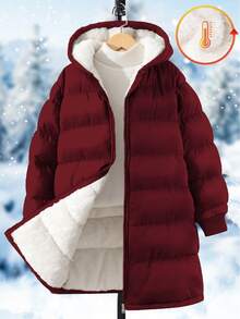 SHEIN 1 件 Tween Girl 中长袖棉衣，毛绒衬里，舒适保暖，纯色外套