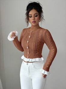 Elenzga Áo khoác cardigan ngắn cổ tròn xếp nếp dệt kim ôm sát mùa thu mới cho nữ, thiết kế nút kim loại, ngọt ngào cho ngày lễ tình nhân, đa năng - Rỉ Nâu - Xem 5