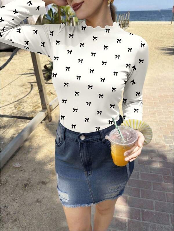 Veykashi Damen Große Größen Lässig Minimalistisches Schwarz Schleife Grafik Muster Rüschen Manschette & Kragen T-Shirt, Weißes T-Shirt, Urlaub, Herbst/Winter