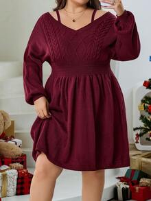 SHEIN CURVE+ Váy len dệt kim hở vai tay đèn lồng màu đỏ rượu vang cỡ lớn dành cho nữ, dáng rộng, thiết kế thường ngày, mùa thu/đông, lễ tạ ơn và giáng sinh - Màu Đỏ Sâu - Xem 5