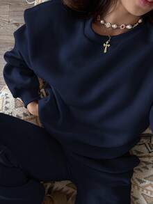 SHEIN Unity Crew Neck Long Sleeve Minimalist Top With Casual Pants Set - Navy Blue - View 1