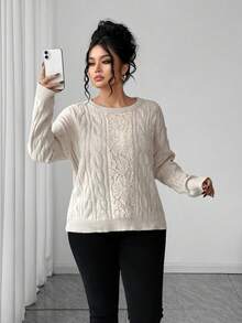 Elenzga Women's Casual Lace Long Sleeve Loose Fit Plus Size Sweater, Suitable For Outings And Wedding Guests, Autumn/Winter - Apricot - View 4