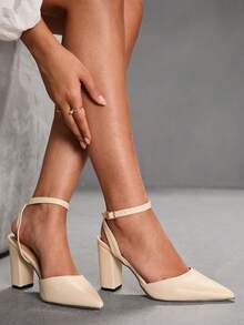 CUCCOO SZL 尖头粗跟露后跟系带百搭优雅性感杏色PU高跟鞋 - 杏色 - 查看 10