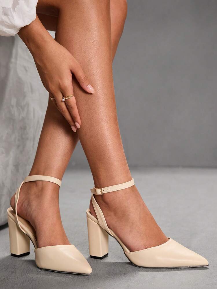 CUCCOO SZL Pointed Toe Chunky Heel Strap Backless Versatile Elegant Sexy Apricot PU High Heels