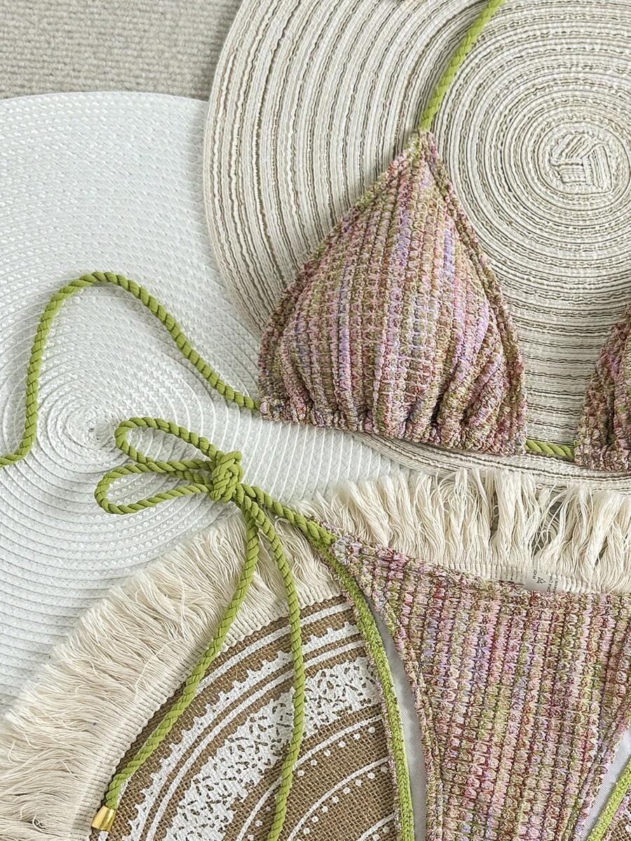 Swim Mod Summer Women 2 Pieces Textured Knit Halter Top And Drawstring Side Pants Swimsuit Set Knitted Bathing Suit Beaded Bikini Crochet Bikini Set Crochet Swimsuit Women String Bikini Set Boho Bathing Suit Boho Bikini Set Crochet Bathing Suit Textured Bikini - Multicolor - View 1