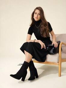 CUCCOO BASICS Giày bốt nữ mũi nhọn, gót dày, màu đen, co giãn, thời trang, thanh lịch khi đi làm, đi chơi, tụ tập - màu đen - Xem 9