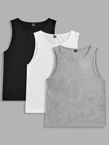 Manfinity VCAY 3pcs Men's Tank Top , Sleeveless Daddy Plain Gym Basic Tops - Multicolor - View 5