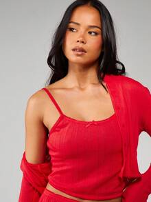 MISSGUIDED Bộ đồ ngủ Giáng sinh Pointelle Knit Cardigan cổ tròn kèm quần short Bộ đồ ngủ ba mảnh có gân ấm áp - Đỏ - Xem 6